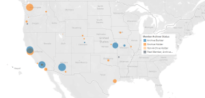 A map of the United States showing WEST members as circles proportional to the size of their held collections.